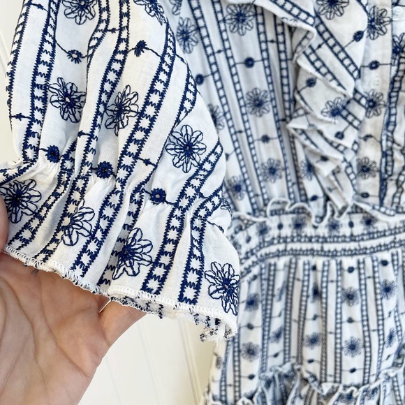 The Shirt Rochelle Behrens Dress Smock Ruffle Navy White Aztek Floral Mini - Picture 6 of 6